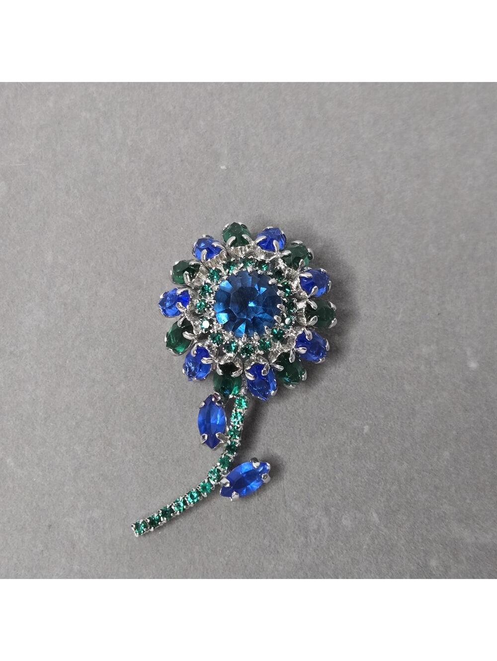 Vintage Brooch Blue Green Rhinestones Flower Stem 1960s